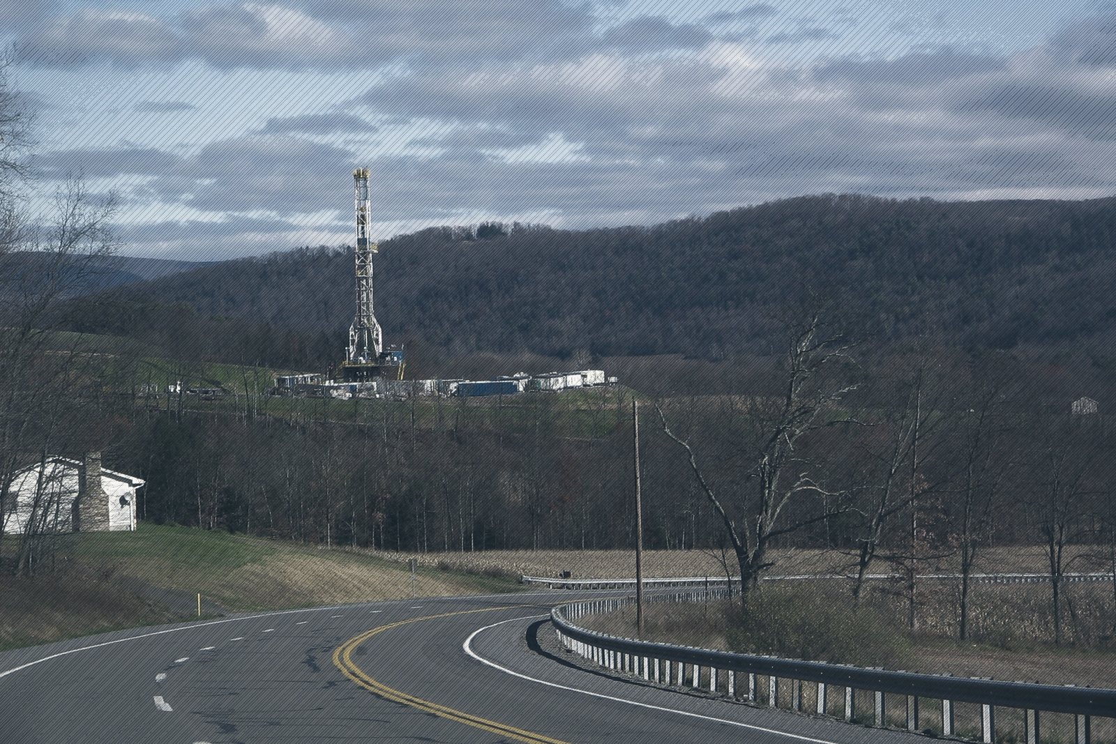 A natural gas drilling rig in the hills of Pennsylvania's Marcellus Shale region