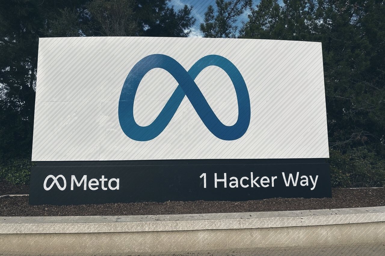 The Meta sign at 1 Hacker Way, the company's headquarters in Menlo Park, California