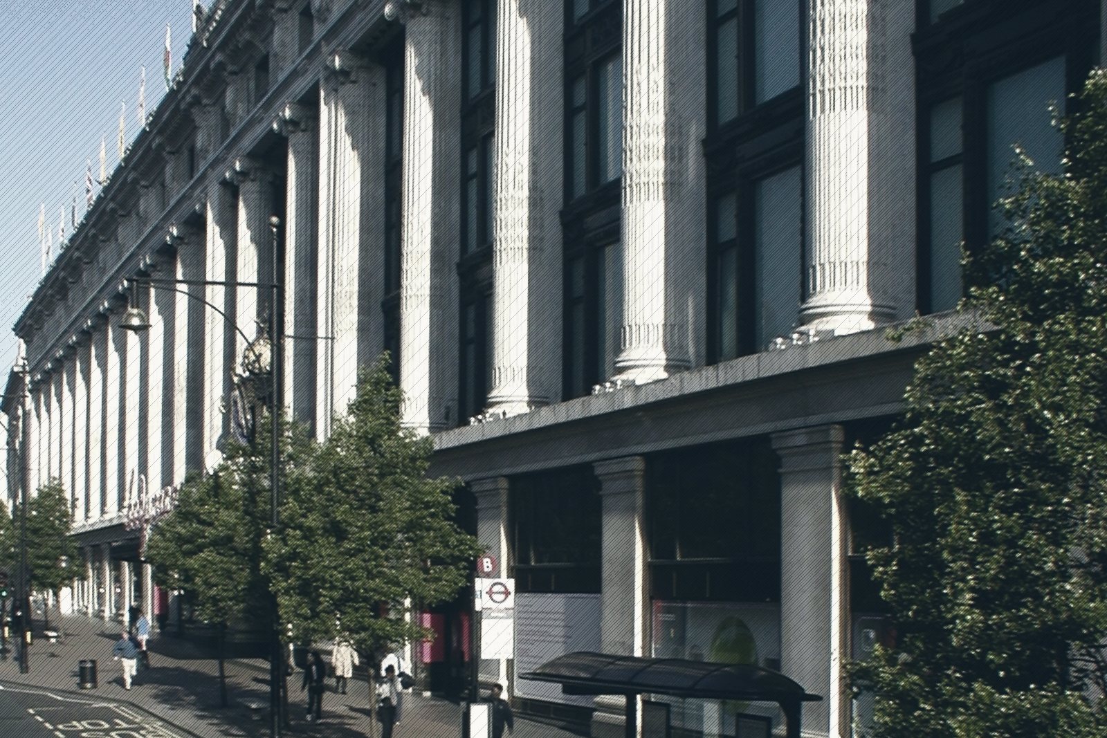 The colonnaded facade of Selfridges department store on Oxford Street, London